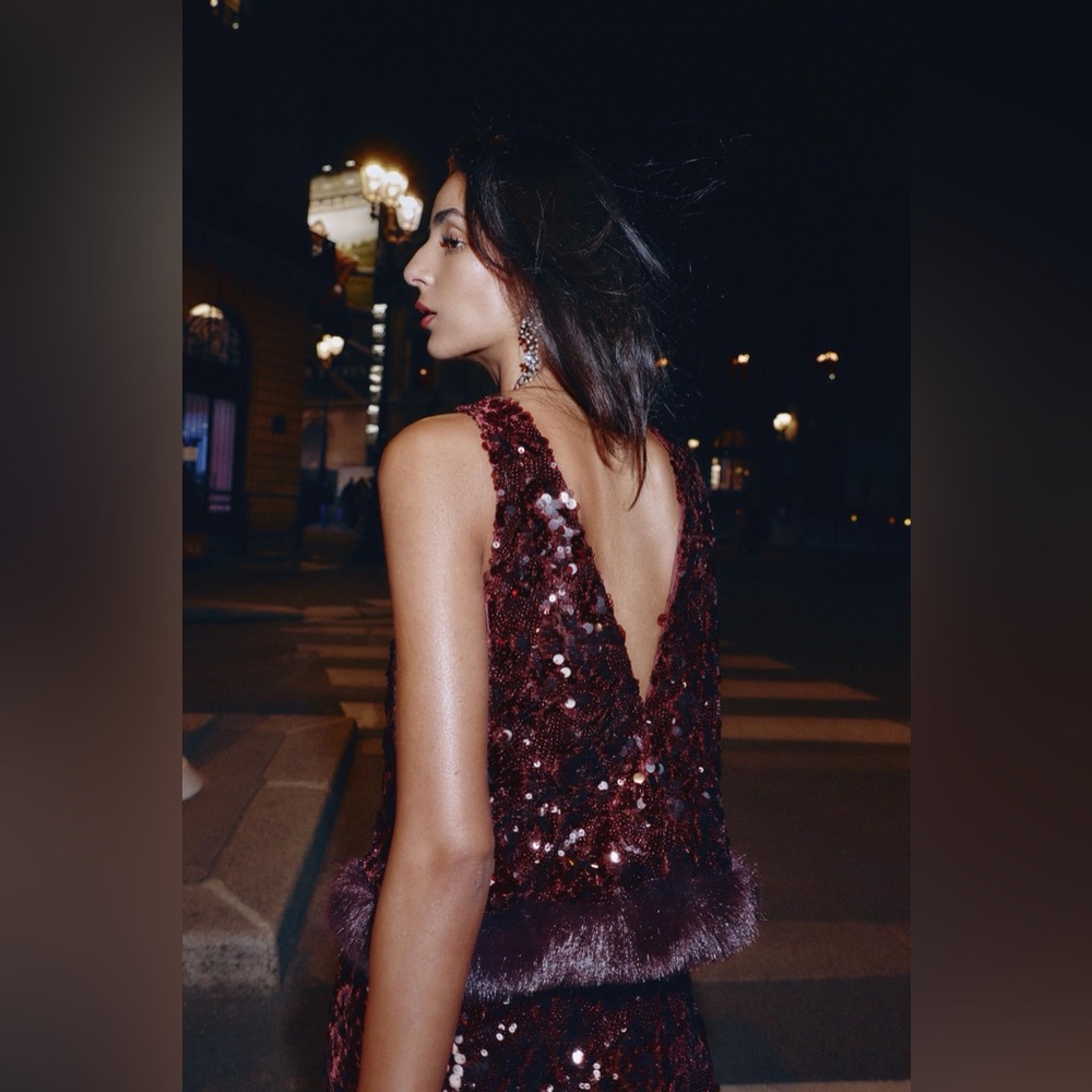 ZARA SEQUIN TOP WITH FAUX FUR HEM - Picture 10 of 13